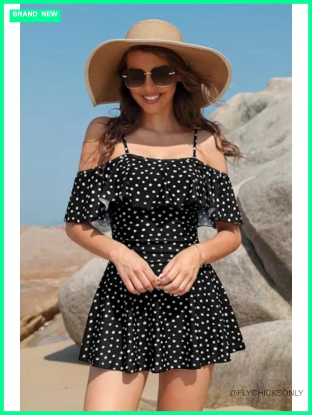 Off-Shoulder Ruffled Flounce Swim Dress One Piece with Built-in Shorts